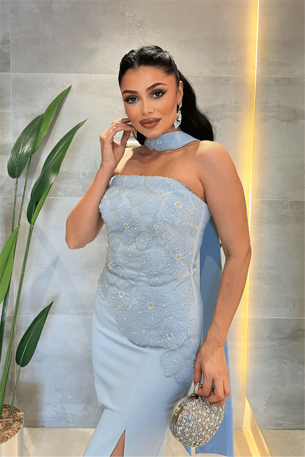 Double Kumaş Straplez Şal Detaylı Kalem Elbise - BEBE MAVİSİ