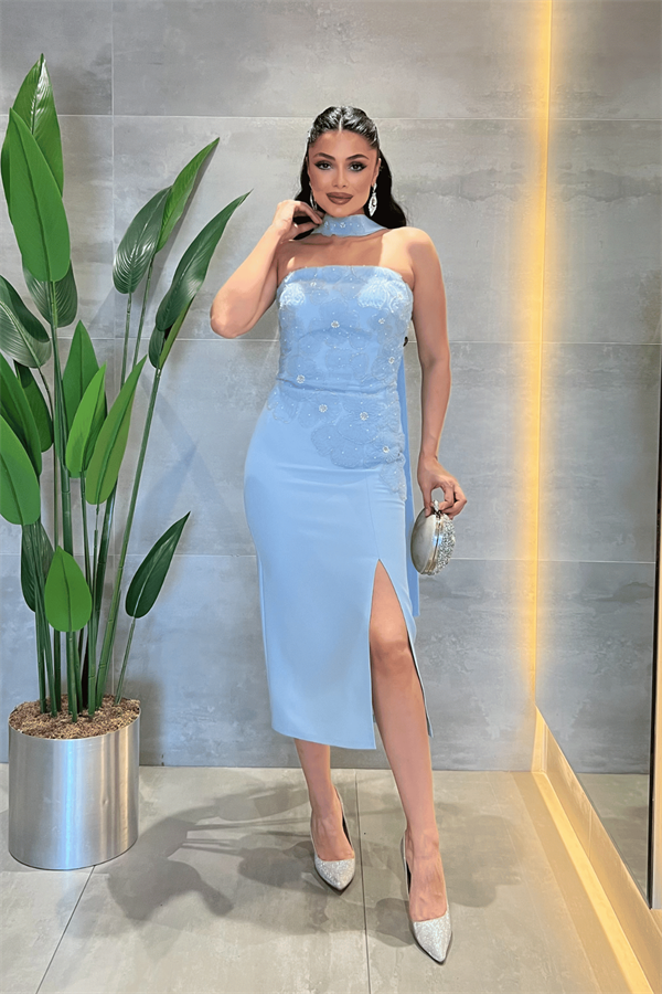 Double Kumaş Straplez Şal Detaylı Kalem Elbise - BEBE MAVİSİ