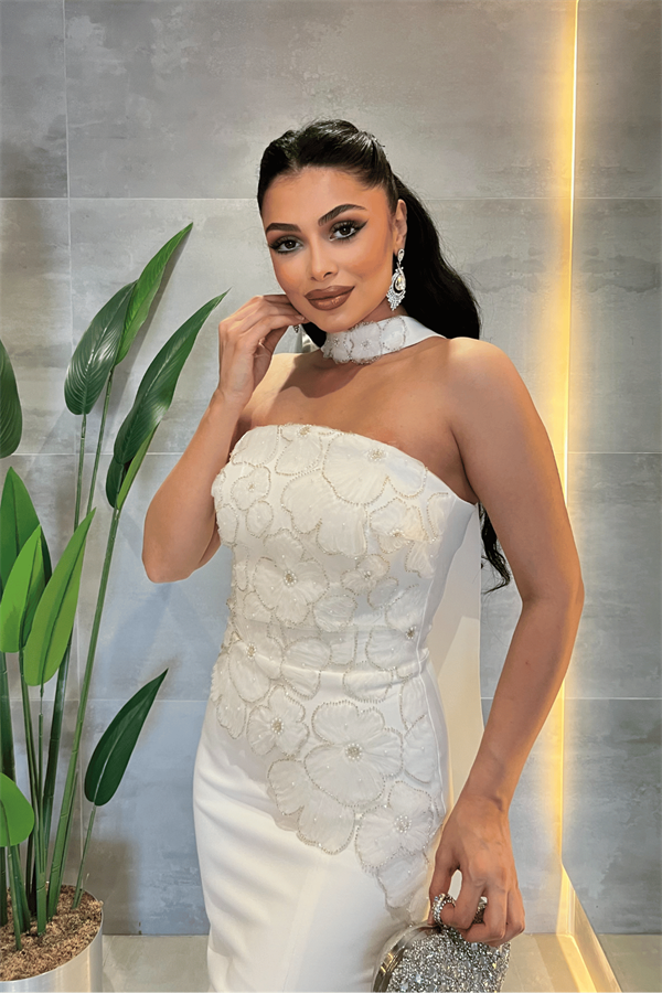 Double Kumaş Straplez Şal Detaylı Kalem Elbise - BEYAZ