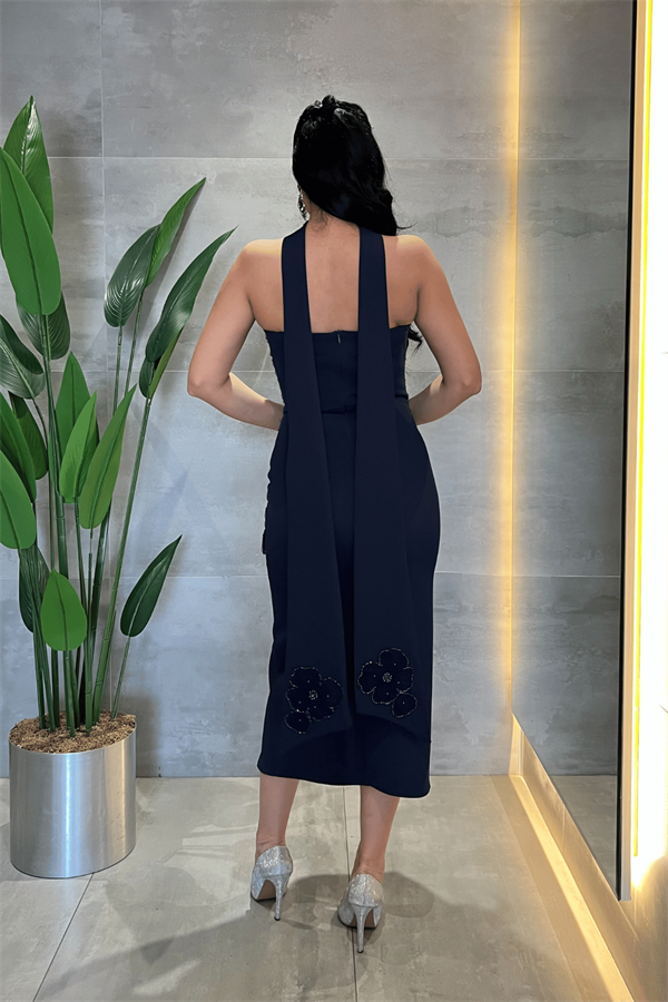 Double Kumaş Straplez Şal Detaylı Kalem Elbise - LACİVERT