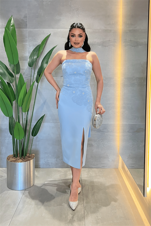 Double Kumaş Straplez Şal Detaylı Kalem Elbise - BEBE MAVİSİ