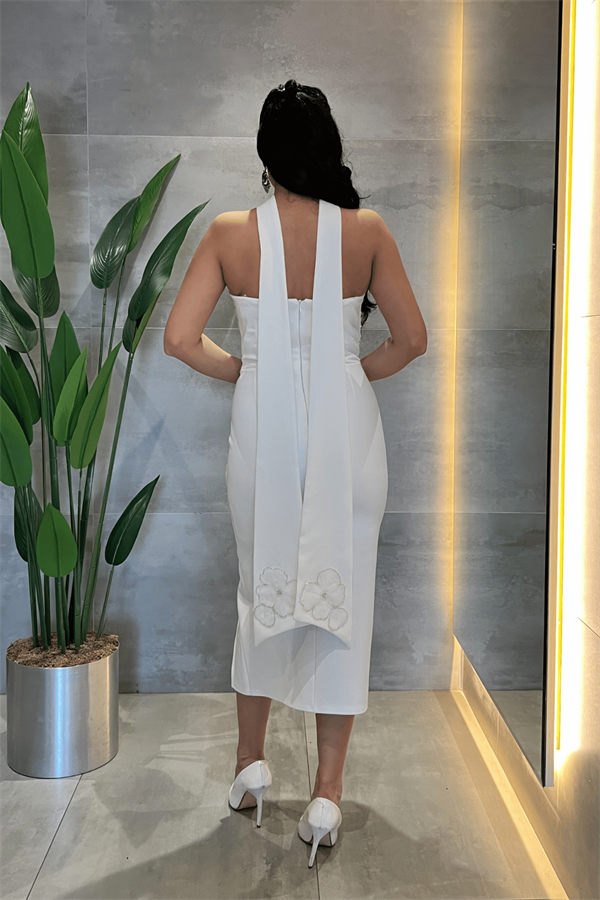 Double Kumaş Straplez Şal Detaylı Kalem Elbise - BEYAZ