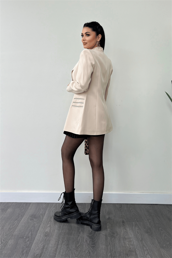 Double Kumaş Taş Detaylı Ceket - BEJ