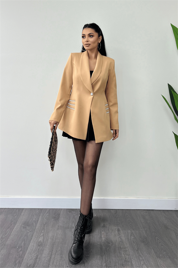 Double Kumaş Taş Detaylı Ceket - Camel