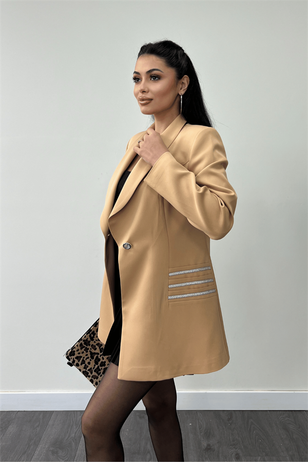 Double Kumaş Taş Detaylı Ceket - Camel