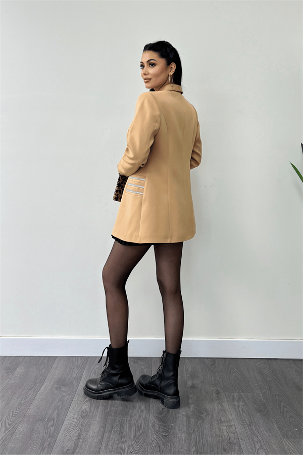 Double Kumaş Taş Detaylı Ceket - Camel