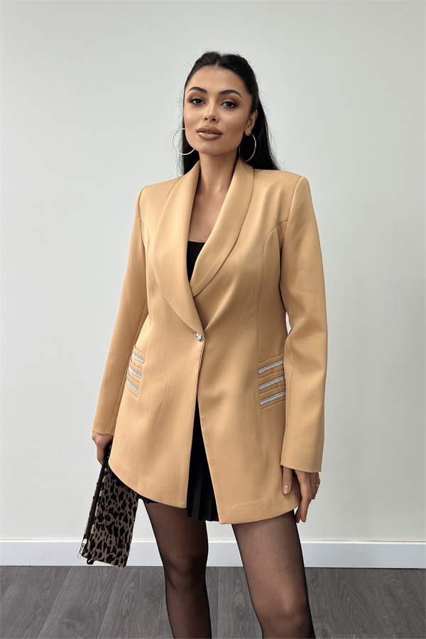 Double Kumaş Taş Detaylı Ceket - Camel