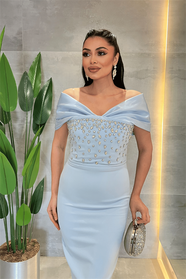 Double Kumaş Taş Detaylı Kayık Yaka Kalem Elbise - BEBE MAVİSİ