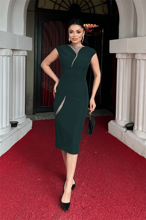 Double Kumaş Tasarım Kalem Elbise - ZÜMRÜT YEŞİL