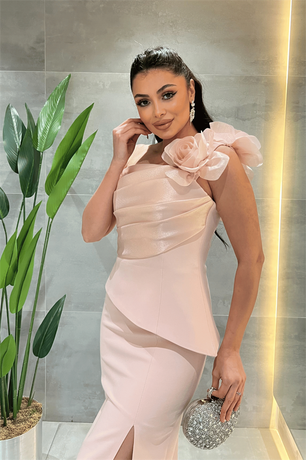 Double Kumaş Tek Kol Gül Detaylı Kalem Elbise - PUDRA
