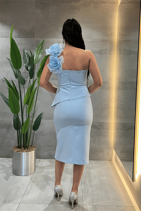 Double Kumaş Tek Kol Gül Detaylı Kalem Elbise - BEBE MAVİSİ