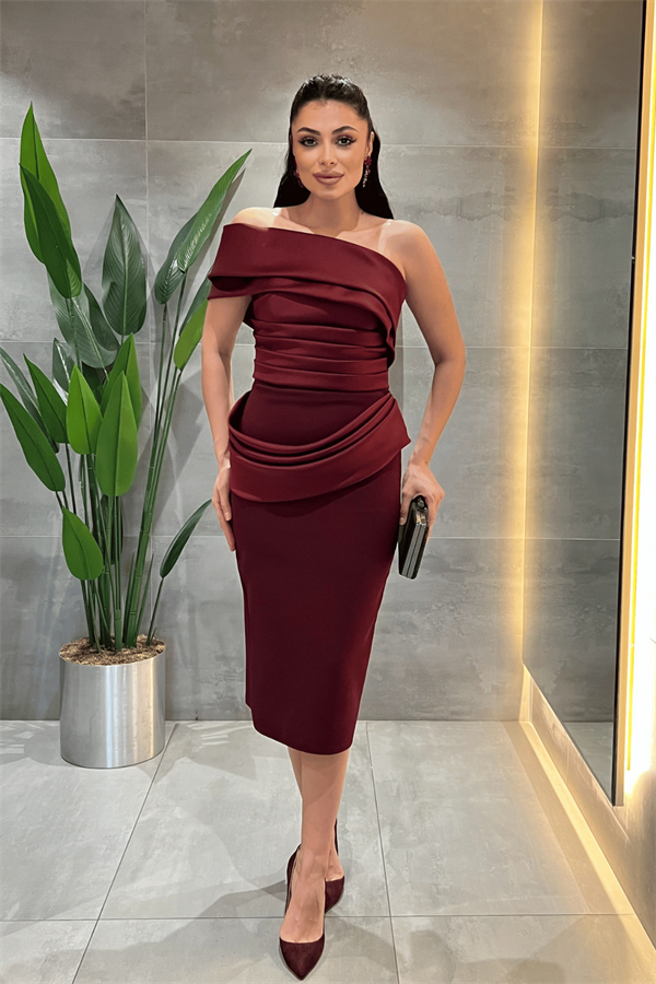 Double Kumaş Tek Kol Kalem Elbise - BORDO