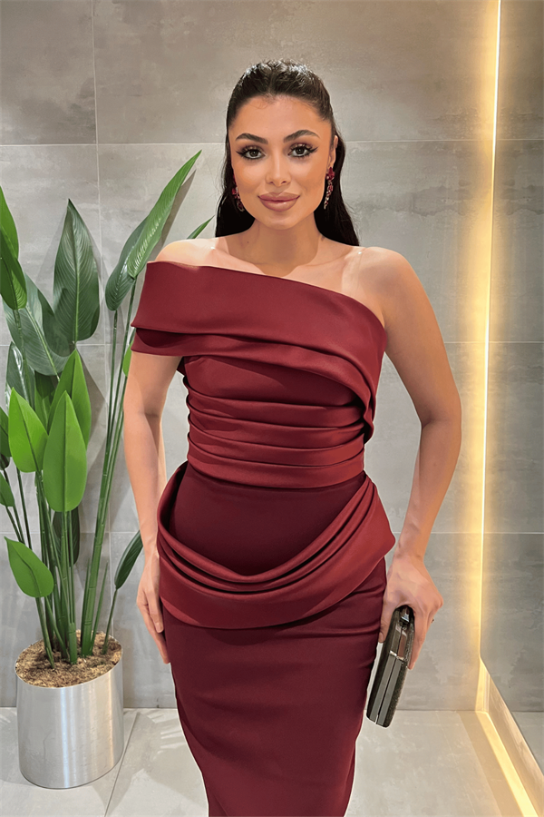 Double Kumaş Tek Kol Kalem Elbise - BORDO