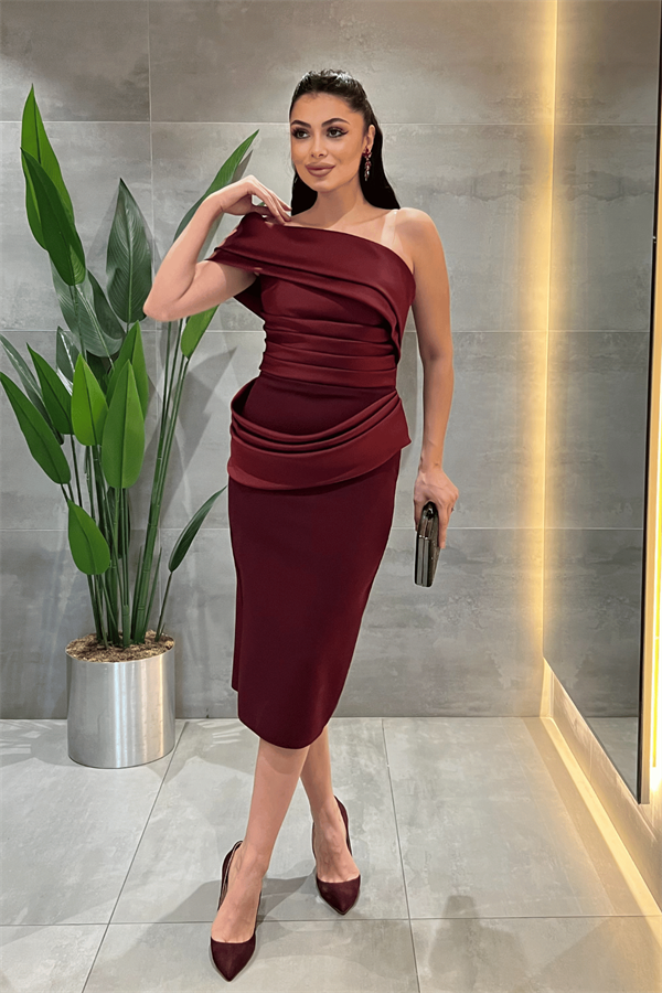 Double Kumaş Tek Kol Kalem Elbise - BORDO
