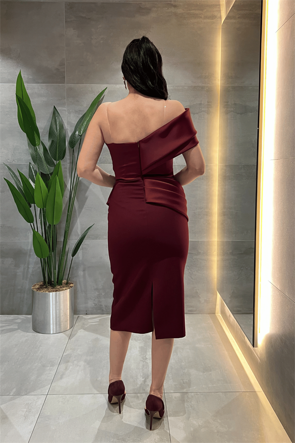 Double Kumaş Tek Kol Kalem Elbise - BORDO
