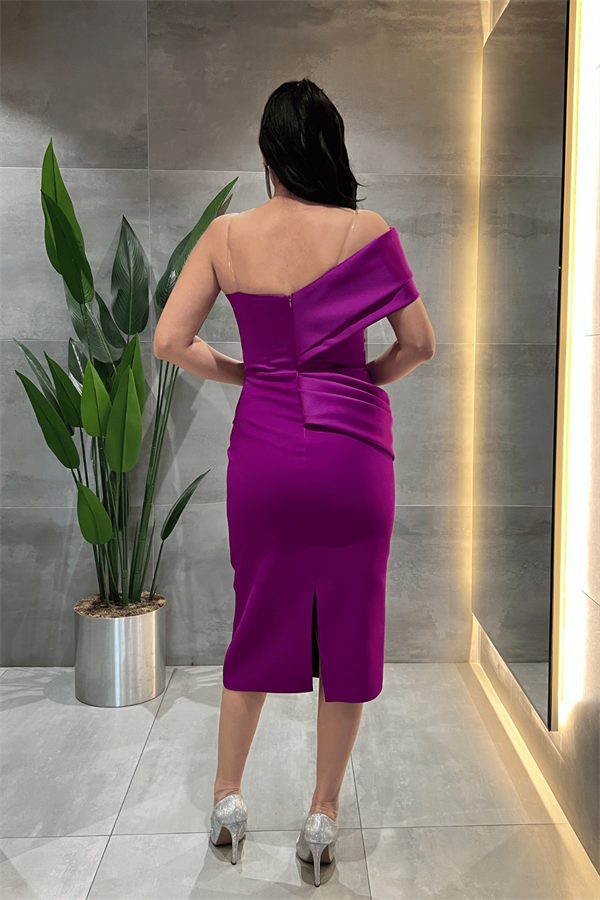 Double Kumaş Tek Kol Kalem Elbise - FUŞYA