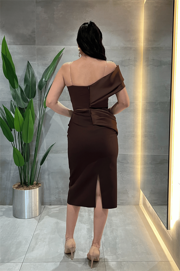 Double Kumaş Tek Kol Kalem Elbise - KAHVERENGİ