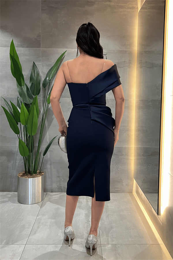 Double Kumaş Tek Kol Kalem Elbise - LACİVERT