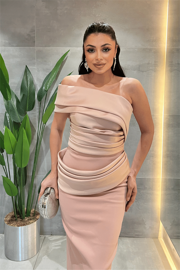 Double Kumaş Tek Kol Kalem Elbise - PUDRA