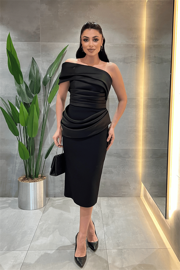 Double Kumaş Tek Kol Kalem Elbise - SİYAH