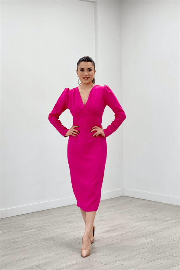 Double Kumaş V Yaka Kolları Tüy Detaylı Kalem Abiye Elbise - FUŞYA