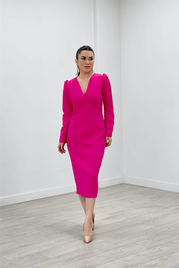Double Kumaş V Yaka Kolları Tüy Detaylı Kalem Abiye Elbise - FUŞYA