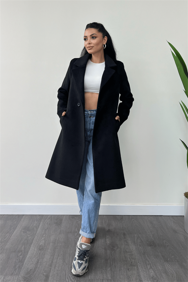 Düğme Detaylı Kaşe Kaban - SİYAH