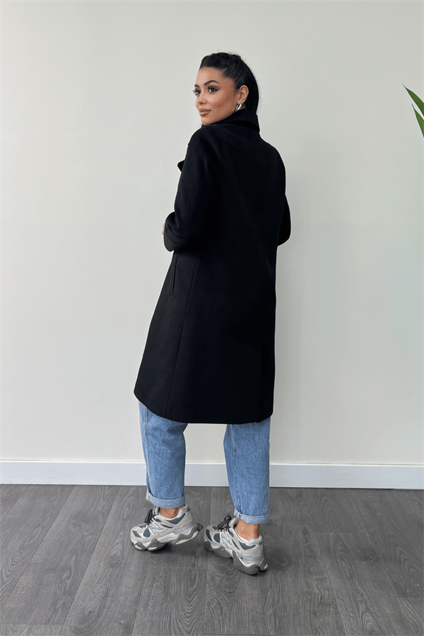 Düğme Detaylı Kaşe Kaban - SİYAH