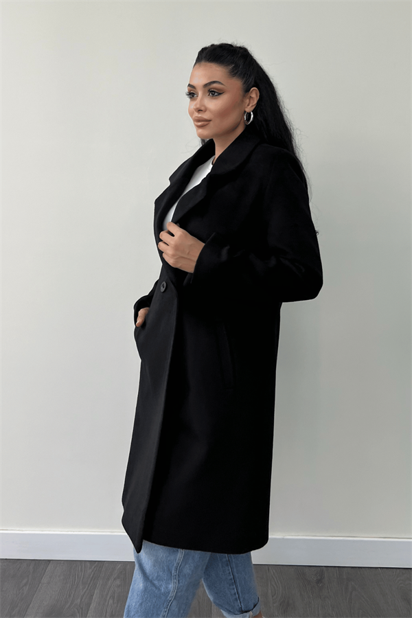 Düğme Detaylı Kaşe Kaban - SİYAH