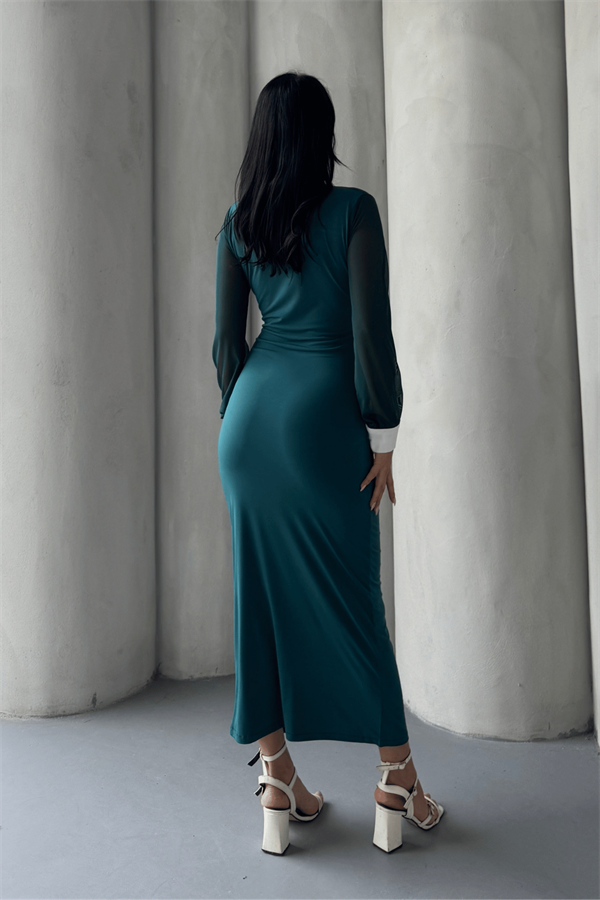 Düğme Detaylı Tül Elbise - ZÜMRÜT YEŞİL