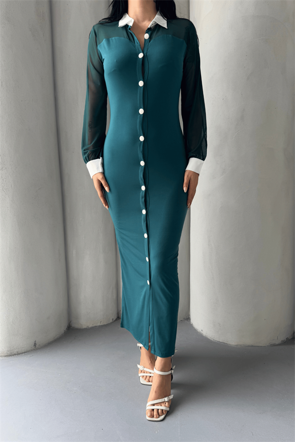 Düğme Detaylı Tül Elbise - ZÜMRÜT YEŞİL