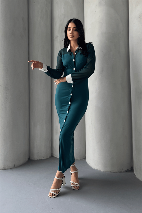 Düğme Detaylı Tül Elbise - ZÜMRÜT YEŞİL