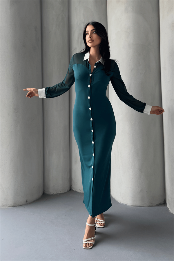 Düğme Detaylı Tül Elbise - ZÜMRÜT YEŞİL