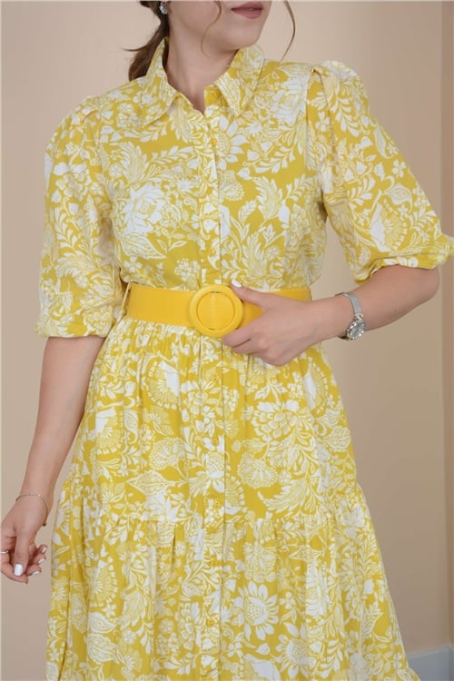 Poor Sleeve Belted Shirt Dress - Yellow