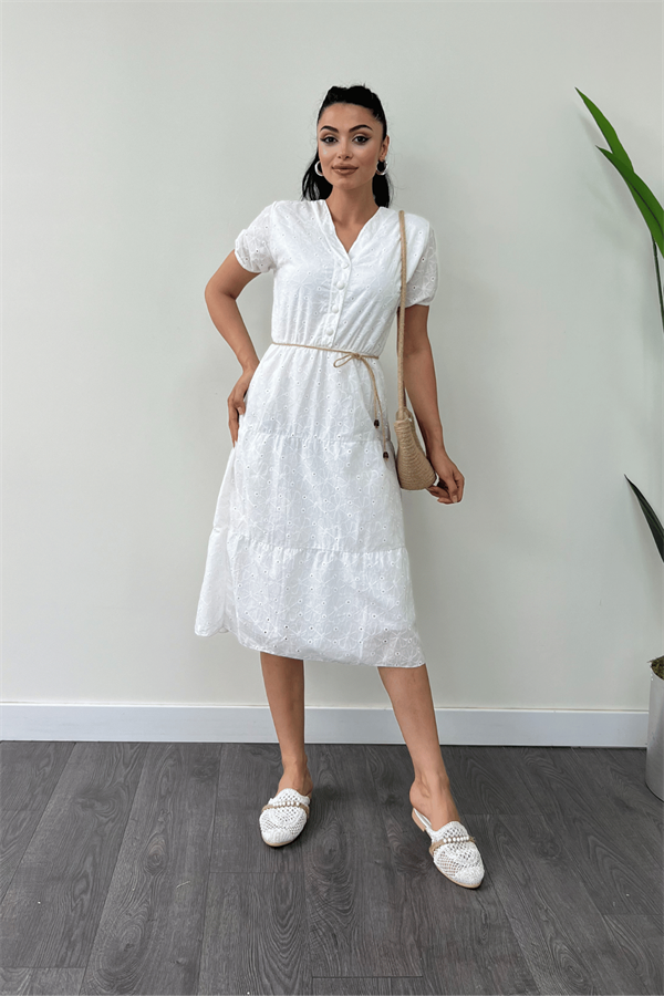 Fisto Kumaş Düğme Detaylı Mini Elbise - BEYAZ
