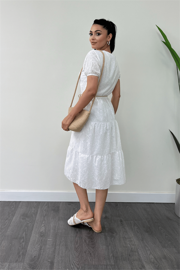 Fisto Kumaş Düğme Detaylı Mini Elbise - BEYAZ