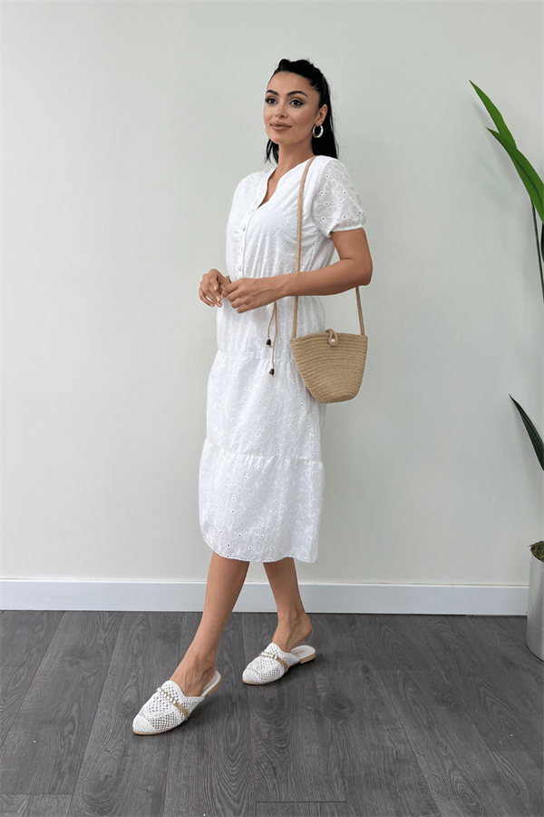 Fisto Kumaş Düğme Detaylı Mini Elbise - BEYAZ