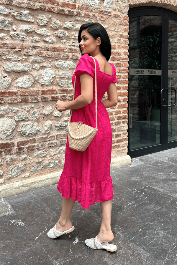 Fisto Kumaş Göğüs Lastik Büzgülü Midi Elbise - FUŞYA