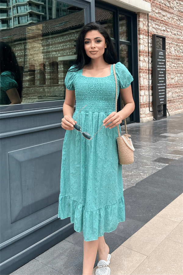 Fisto Kumaş Göğüs Lastik Büzgülü Midi Elbise - SU YEŞİLİ