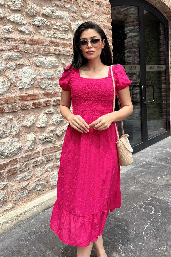 Fisto Kumaş Göğüs Lastik Büzgülü Midi Elbise - FUŞYA