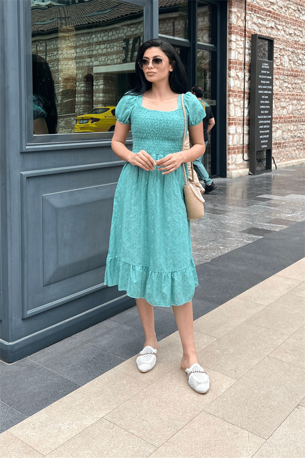 Fisto Kumaş Göğüs Lastik Büzgülü Midi Elbise - SU YEŞİLİ