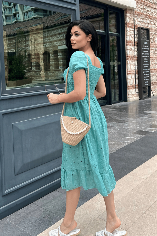 Fisto Kumaş Göğüs Lastik Büzgülü Midi Elbise - SU YEŞİLİ