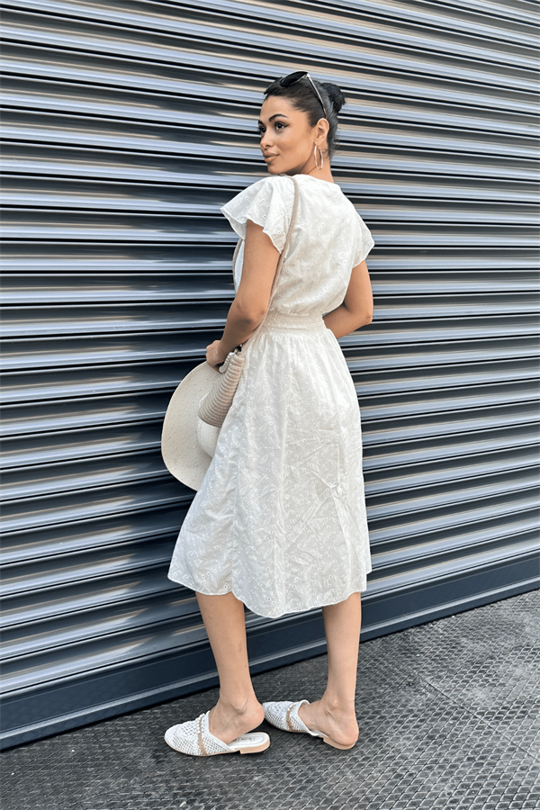 Fisto Kumaş Kruvaze Yaka Elbise - BEYAZ