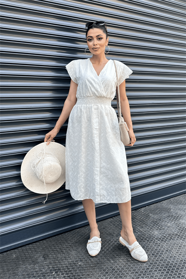 Fisto Kumaş Kruvaze Yaka Elbise - BEYAZ