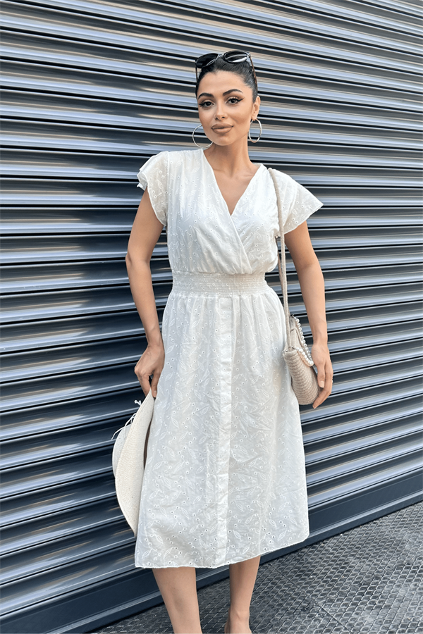 Fisto Kumaş Kruvaze Yaka Elbise - BEYAZ