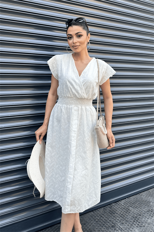 Fisto Kumaş Kruvaze Yaka Elbise - BEYAZ