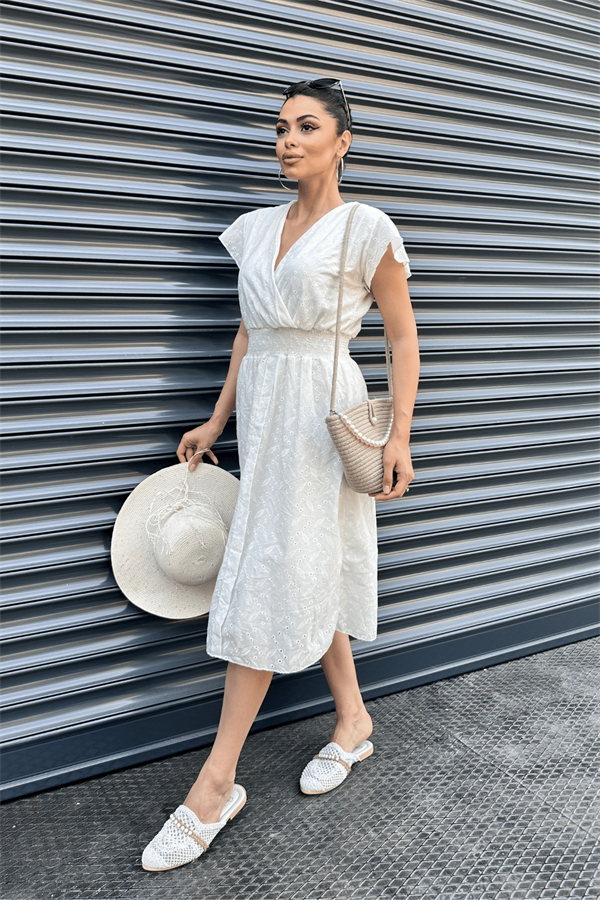 Fisto Kumaş Kruvaze Yaka Elbise - BEYAZ