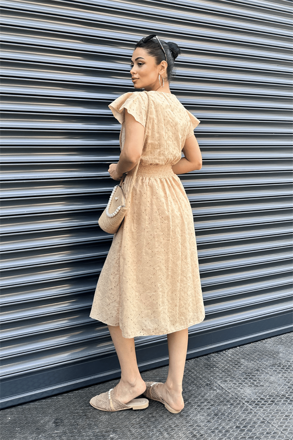 Fisto Kumaş Kruvaze Yaka Elbise - KREM