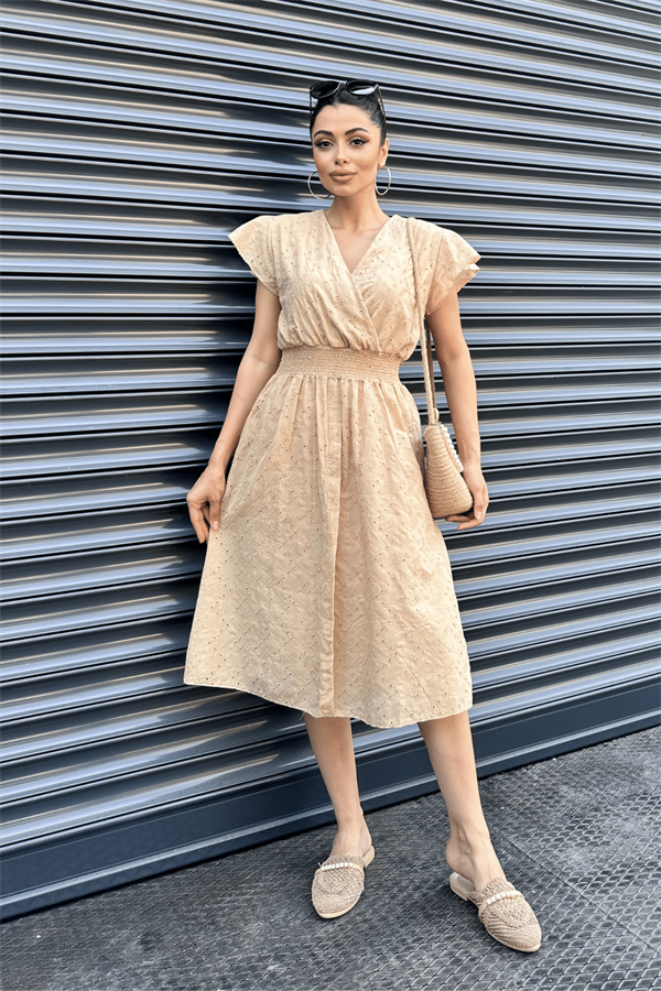 Fisto Kumaş Kruvaze Yaka Elbise - KREM