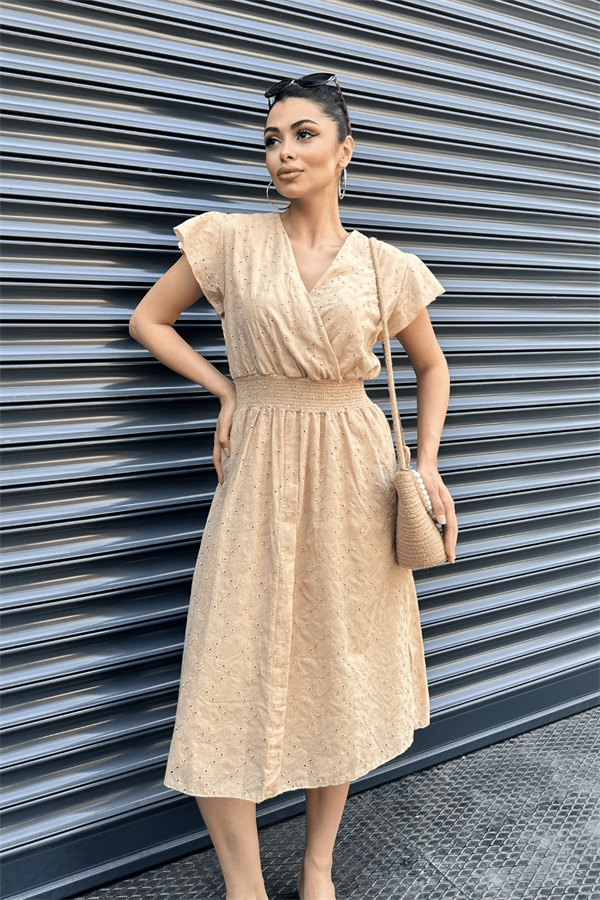 Fisto Kumaş Kruvaze Yaka Elbise - KREM